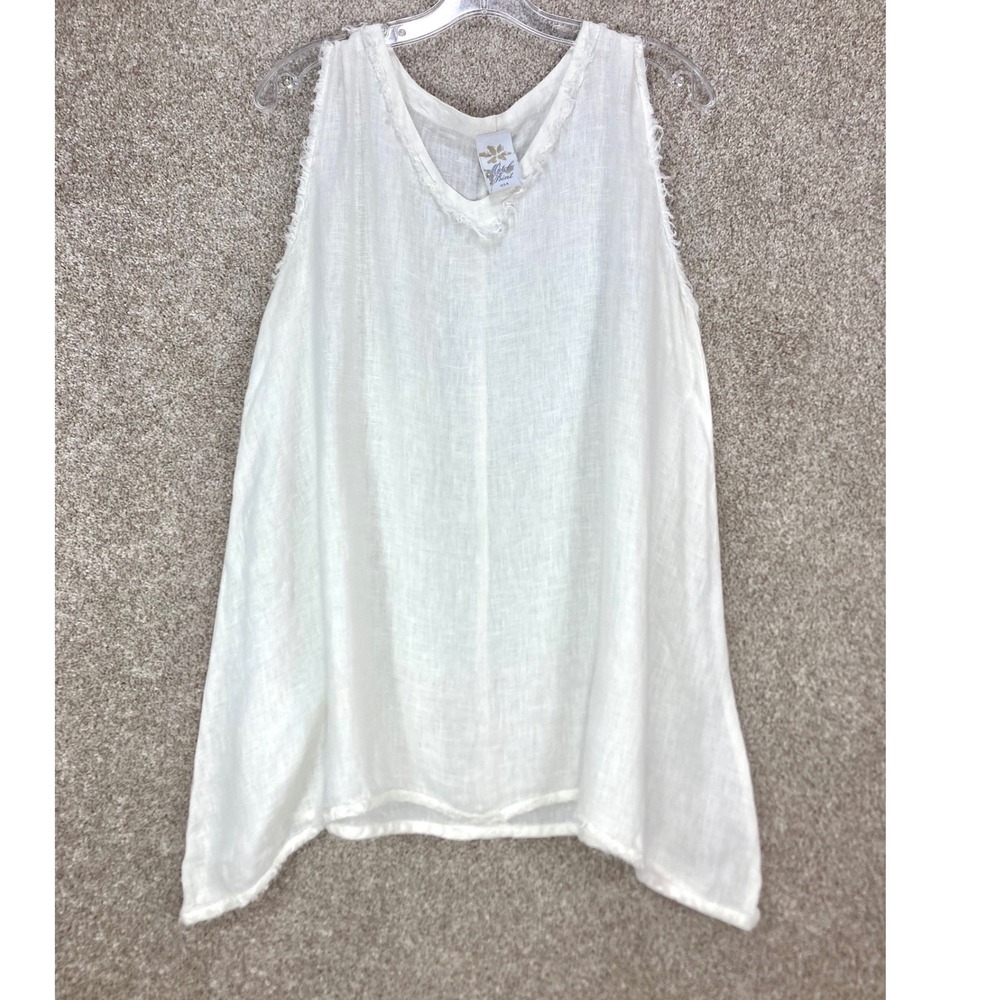 Match Point Linen V-Neck Fringed Tank Top Women M White Coastal Beach Breathable